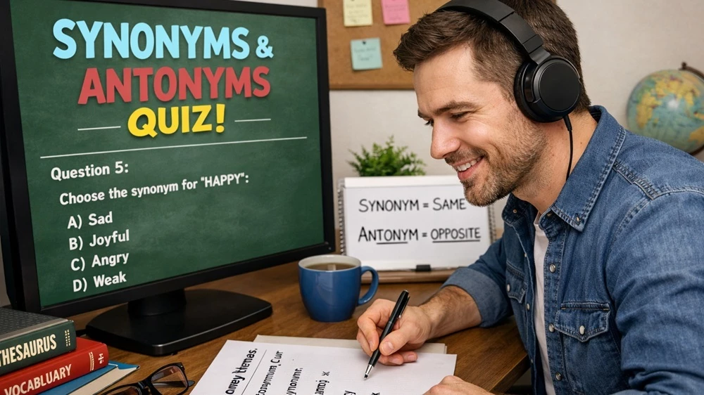 Image of a synonym and antonym quiz