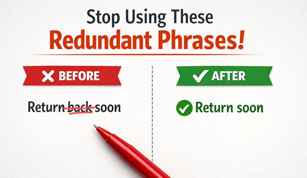 Image showing to stop using redundant phrases in English