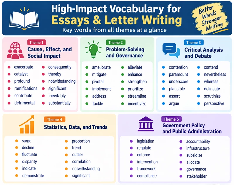 A cheat sheet of high level vocabulary for essays and letters.